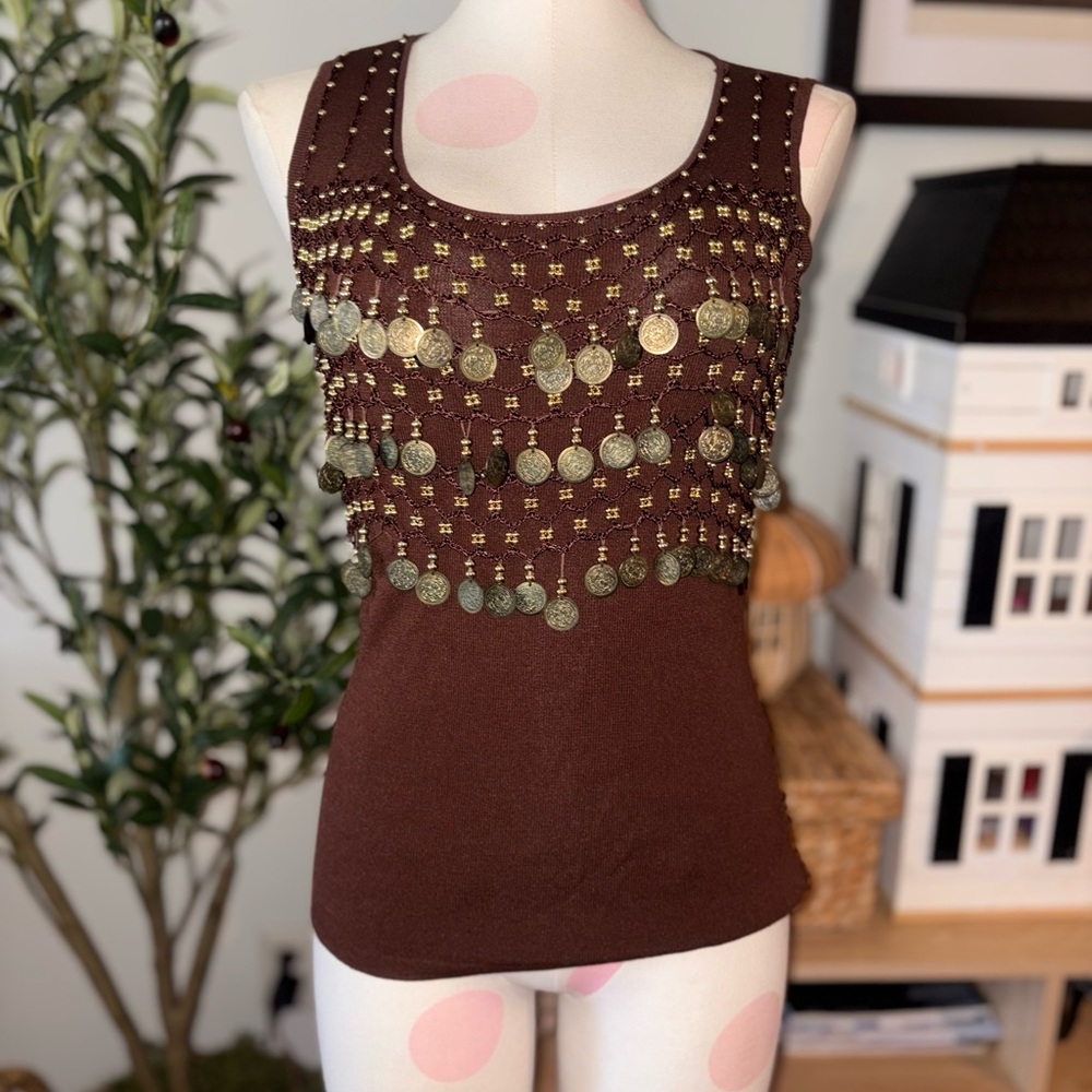 Joseph A. Vintage Brown Embellished Gold Coin Charm Tank Top Small